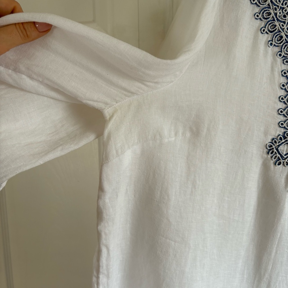 J.Jill White Blue Love Linen Embroidered Bell-Sleeve Tunic L Coastal Boho Preppy - Picture 5 of 8